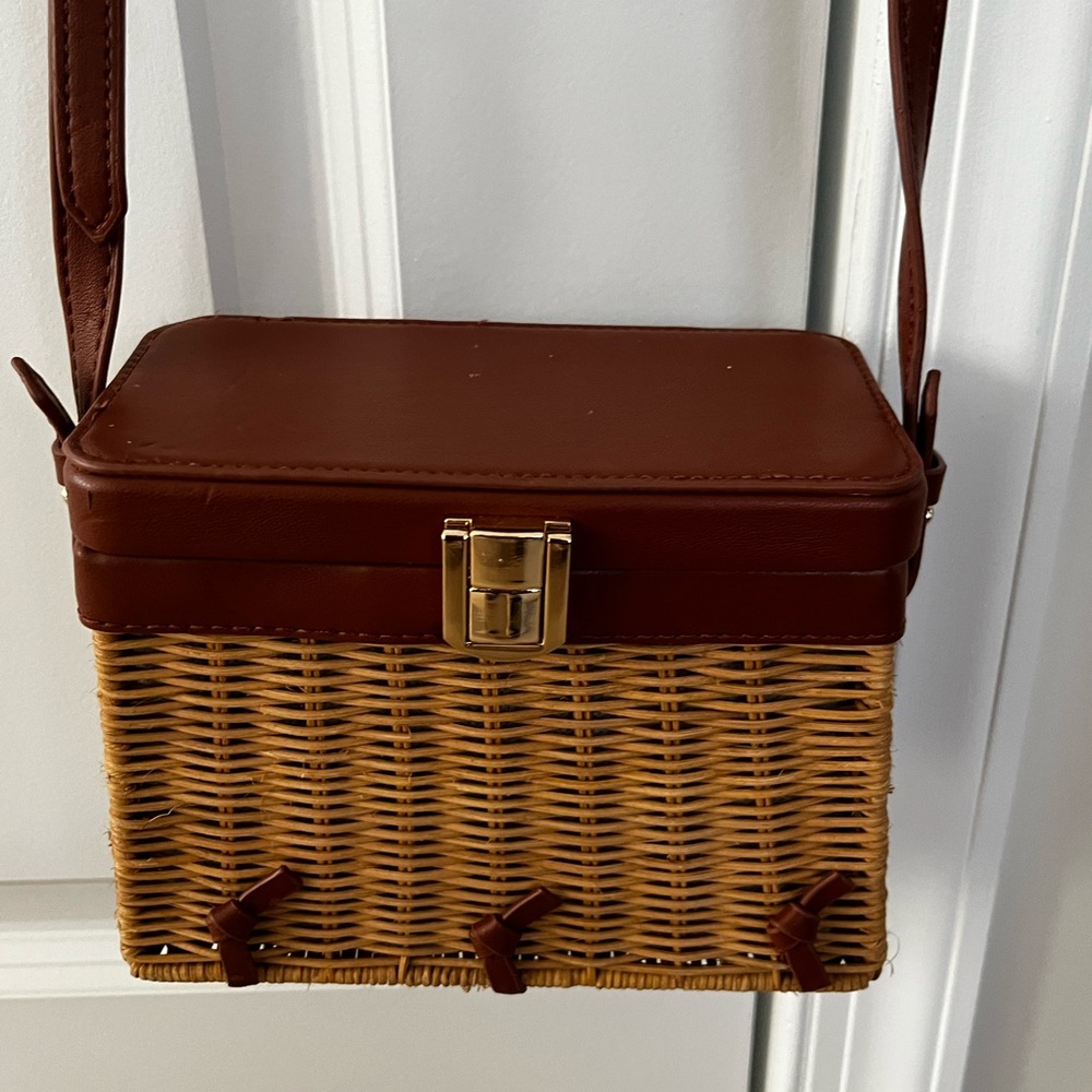 Zara Brown Leather and Wicker Crossbody Bag